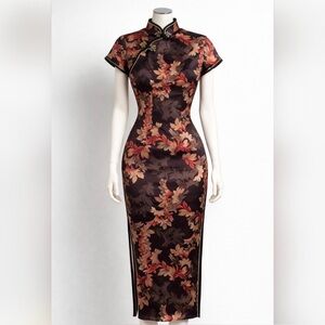 Laoguda Qipao Cheongsam Style Floral Midi Dress Mandarin Collar Side Slits M